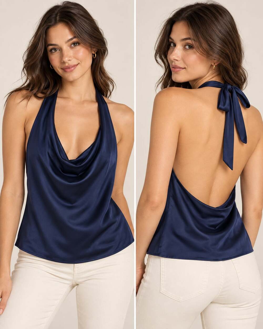 Gaze Navy Blue Cowl Neck Halter Top Open Back Tie Size M NWT
